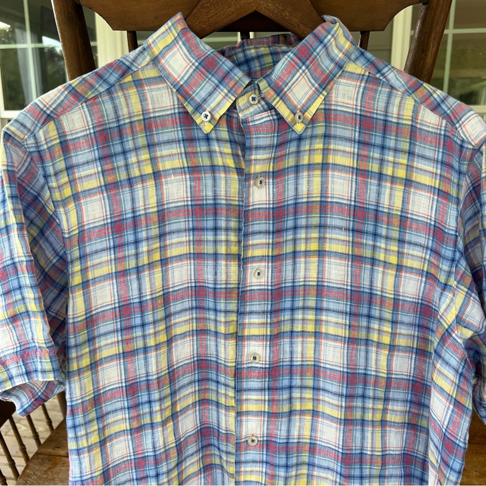 Cremieux Classics Mens Plaid Short Sleeve Button Linen Blue Yellow Plaid Shirt L
